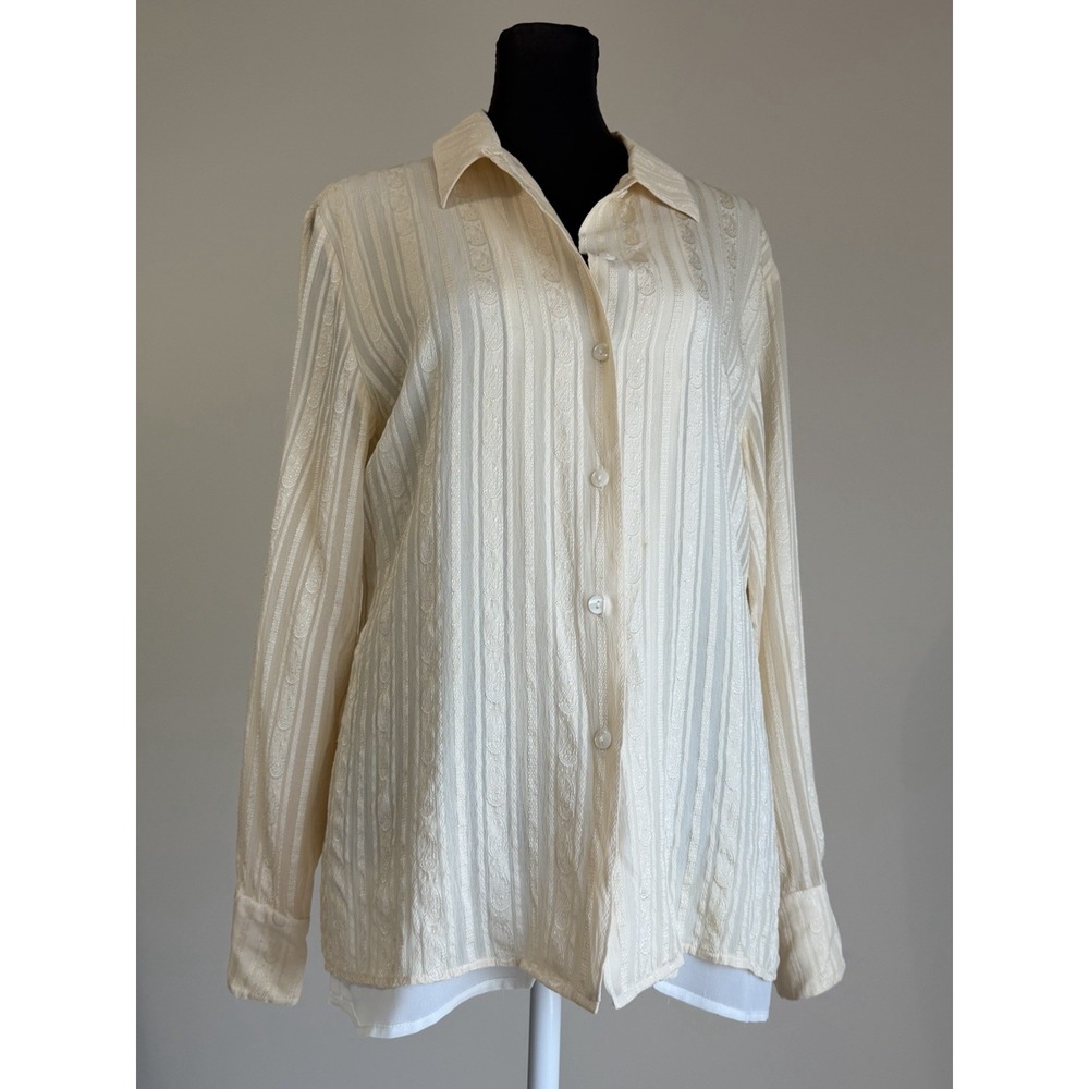 Talbots 100% Silk Jacquard Paisley Button Up Blouse Ivory Cream White Lined Sz 8